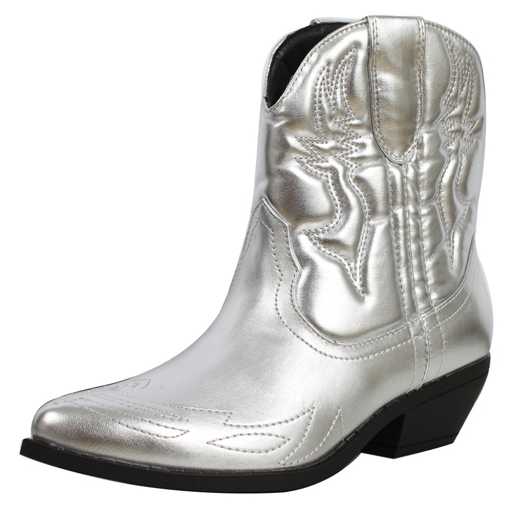 Silver Faux Patent Leather Stitching Cowboy Ankle Boots